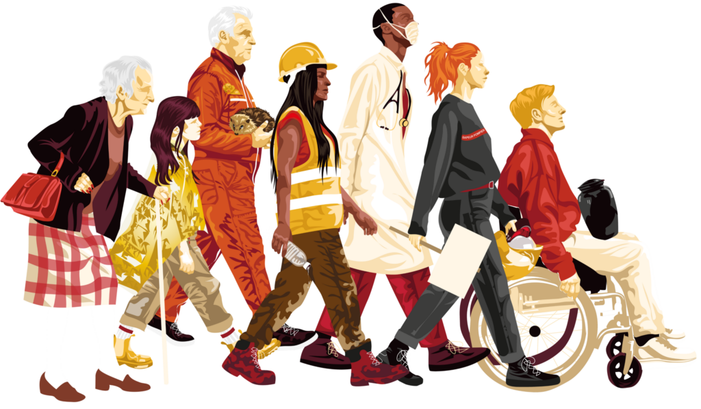 Personnes âgées, enfants, travailleurs et travailleuses, soignants, sapeurs-pompiers, personnes en situation de handicap, animaux, personnes décédées mobilisées